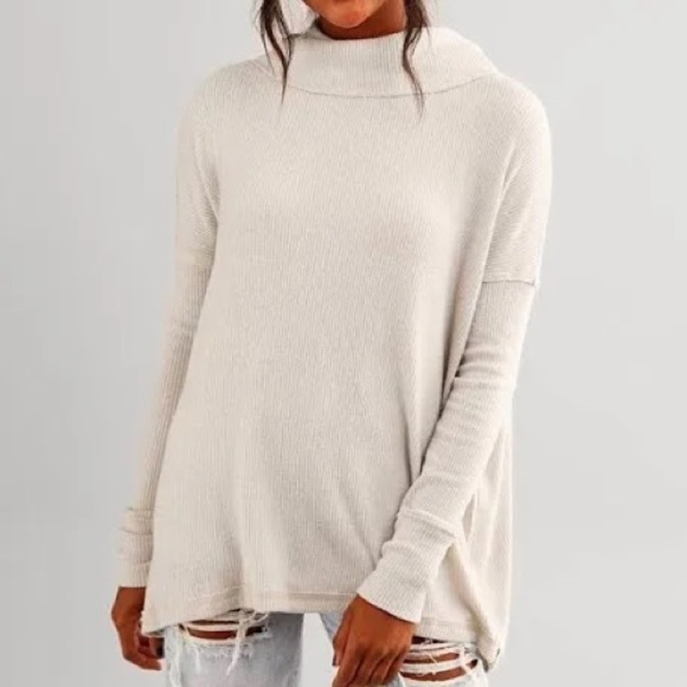 Free People Cream Ribbed Funnel Neck Sweater